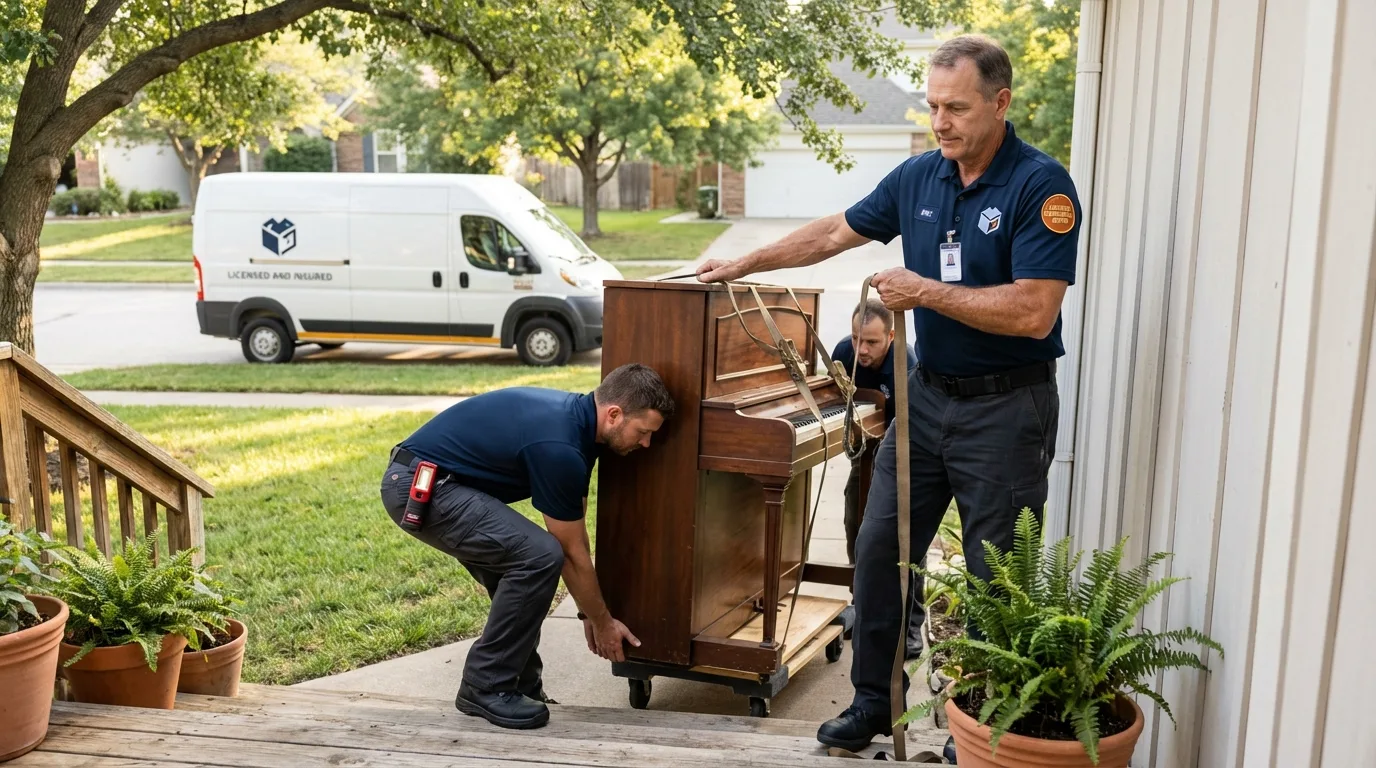 Licensed piano movers securing grand piano in Kadoka, SD