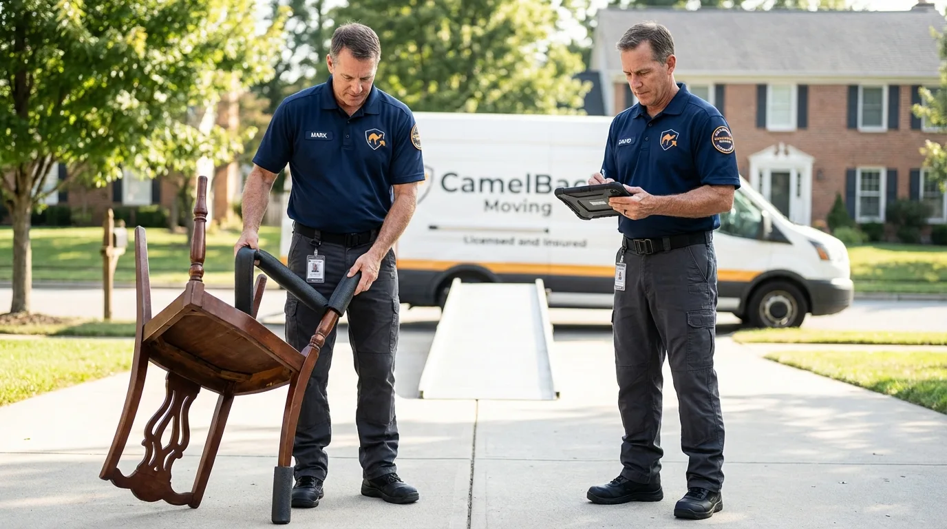 Movers inspecting furniture for damage prevention before loading in Kadoka, SD